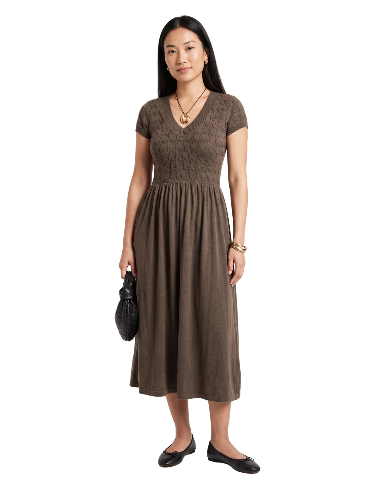 Soft Textured-Knit V-Neck Midi Dress, Brown