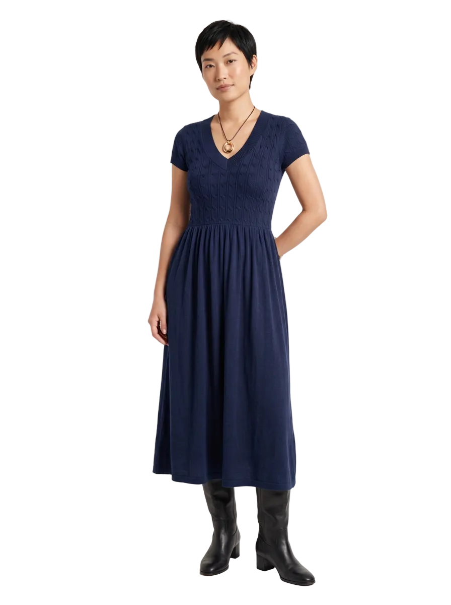 Soft Textured-Knit V-Neck Midi Dress, Navy