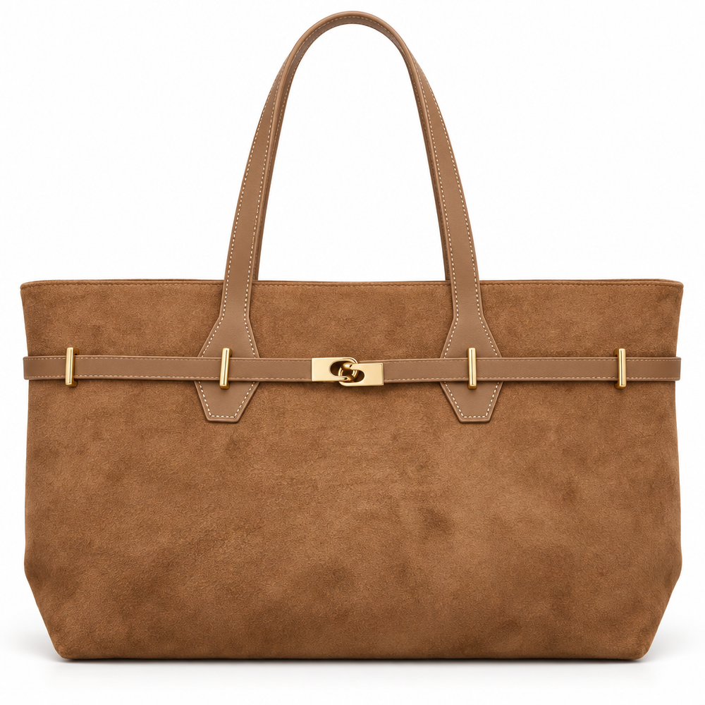Gold-Clasp Belted Tote, Camel