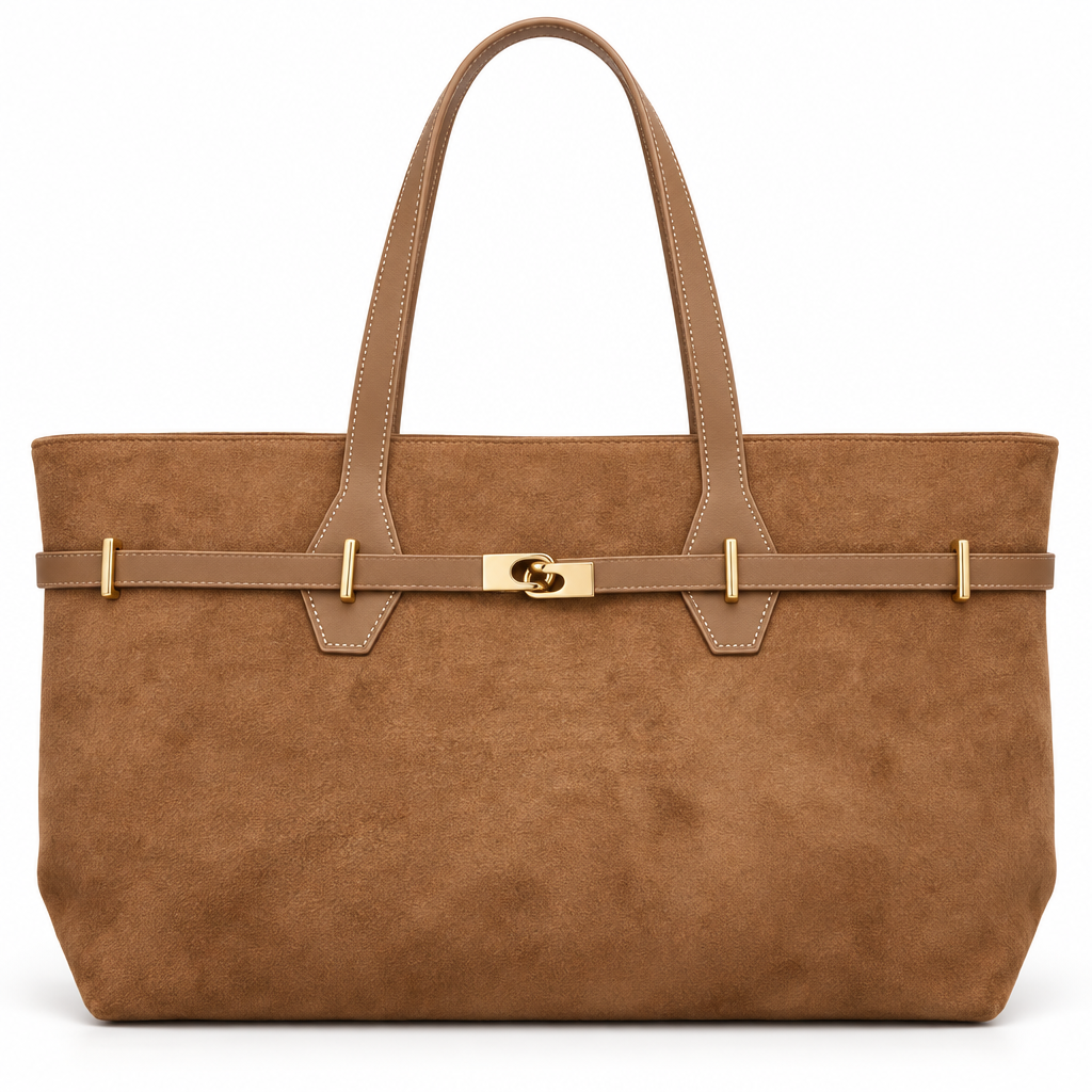 Gold-Clasp Belted Tote, Camel