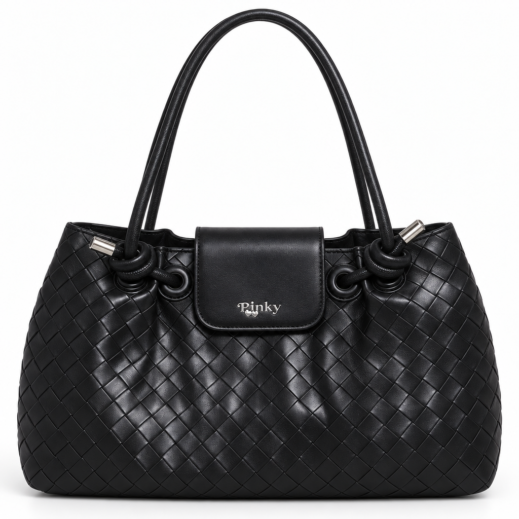 Woven Shoulder Bag with Knotted Handles, Black