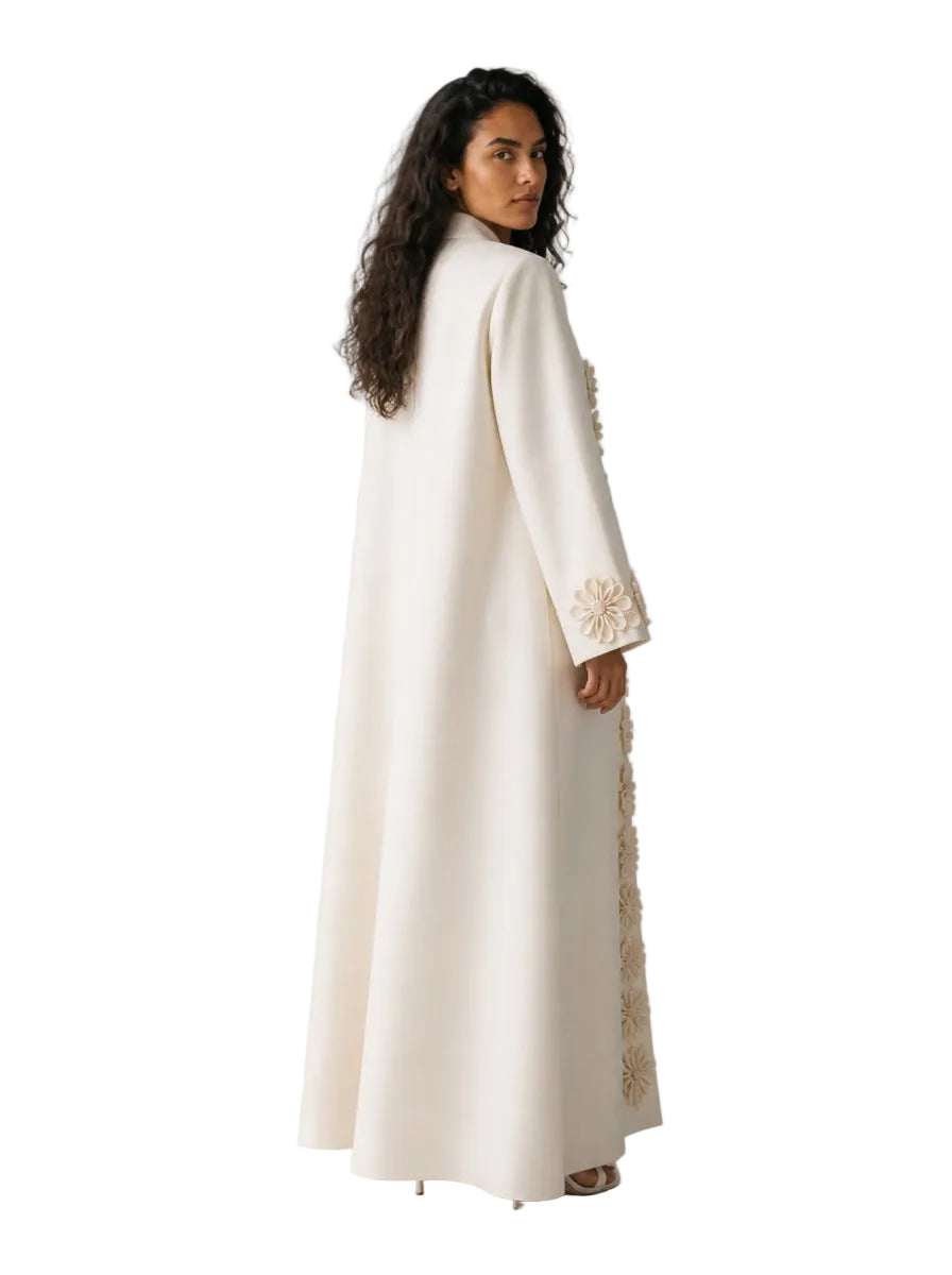Ivory flower appliqué abaya, full-length front view