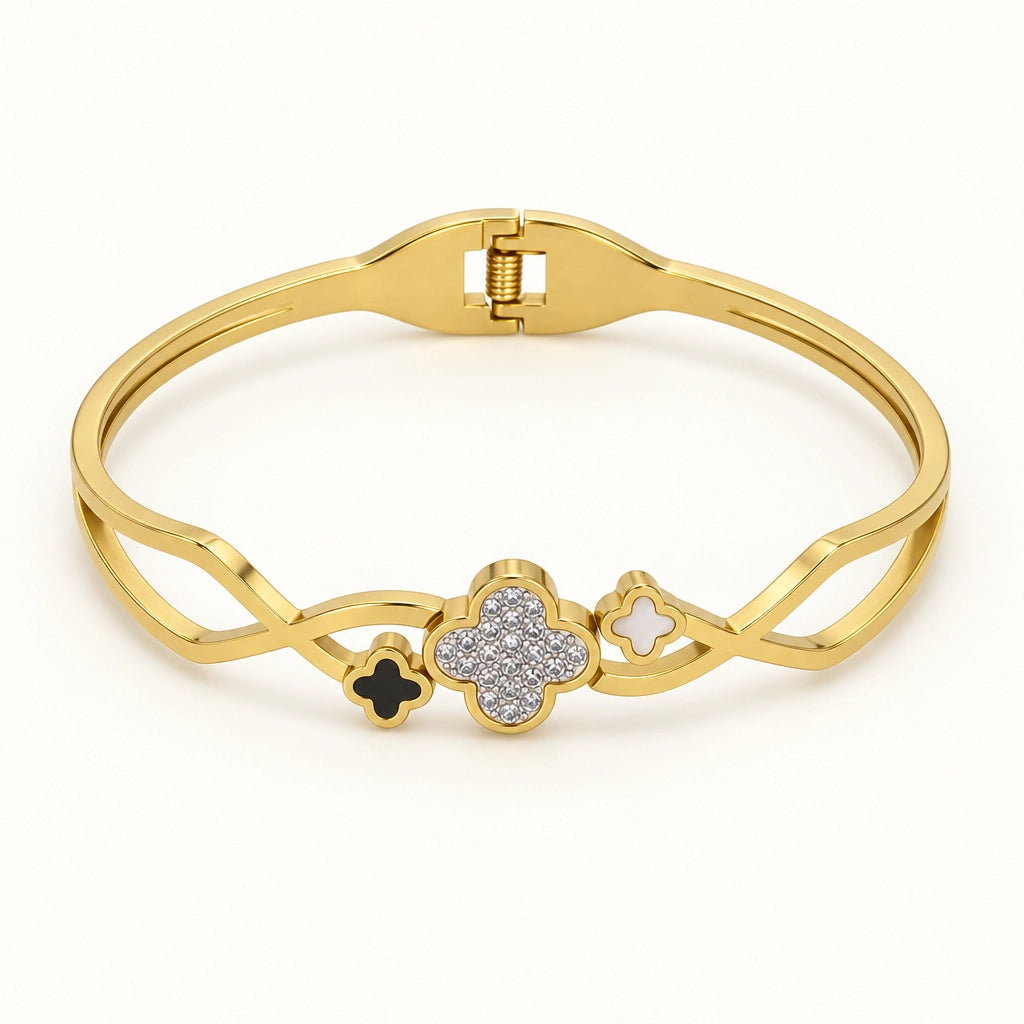 Triple-Clover Openwork Stainless Steel Bangle, Gold Tone