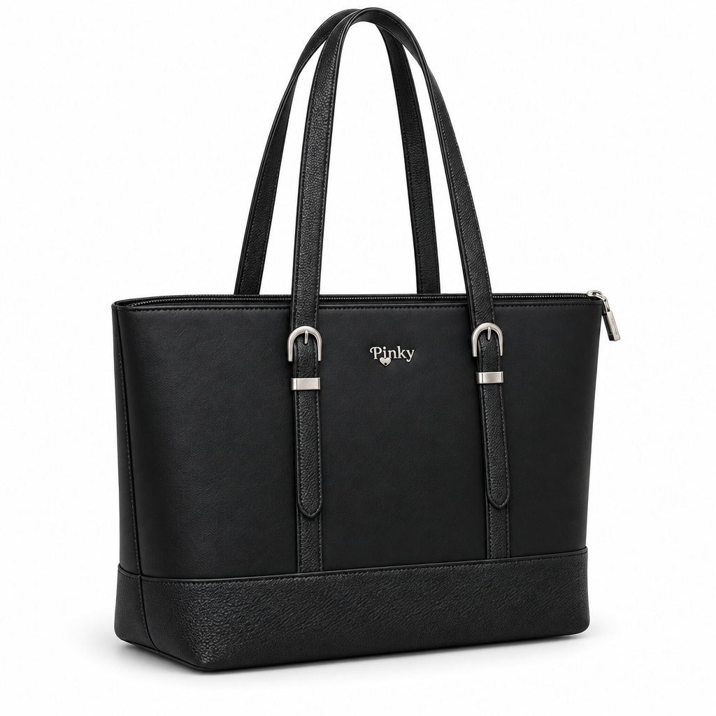 Silver-Buckle Shoulder Tote, Black