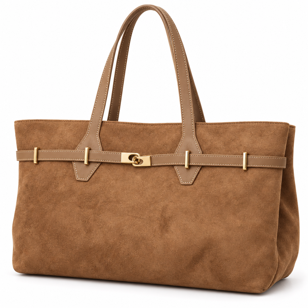 Gold-Clasp Belted Tote, Camel