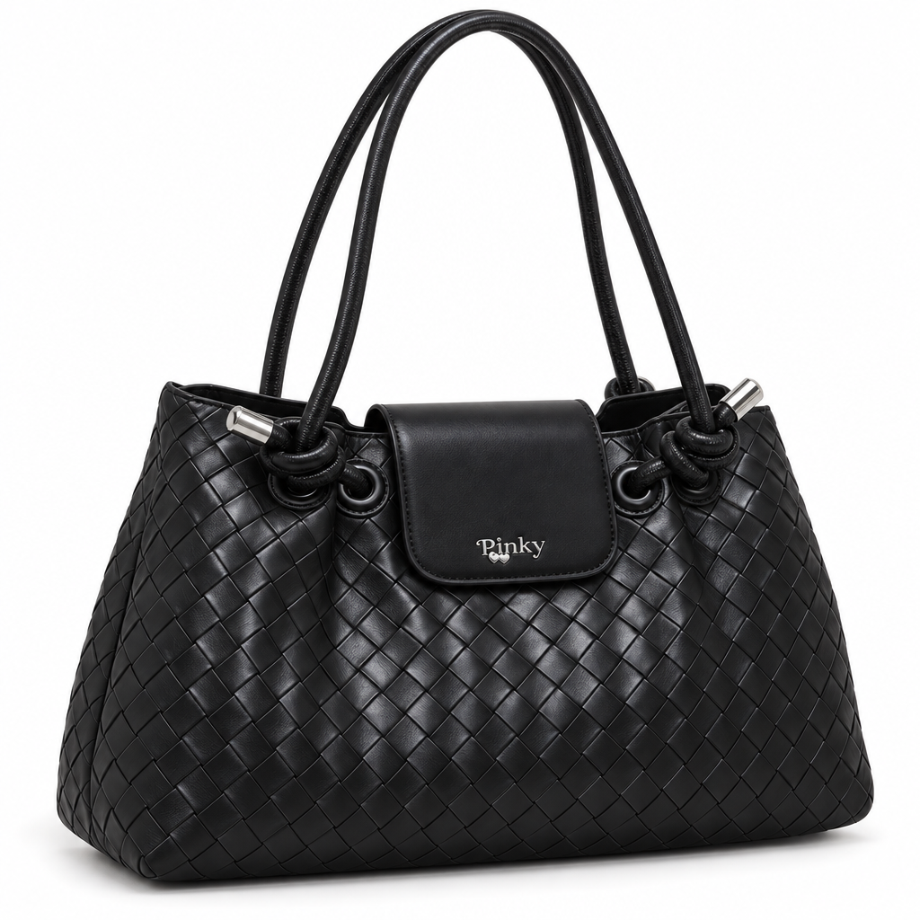 Woven Shoulder Bag with Knotted Handles, Black