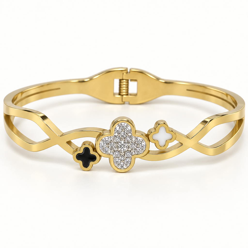 Triple-Clover Openwork Stainless Steel Bangle, Gold Tone