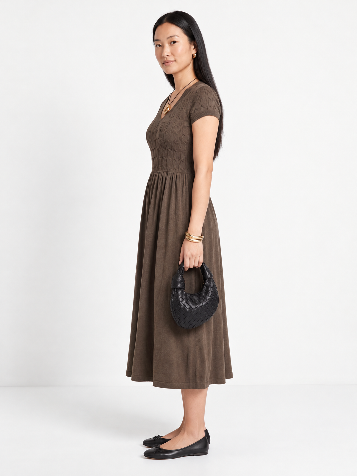 Soft Textured-Knit V-Neck Midi Dress, Brown