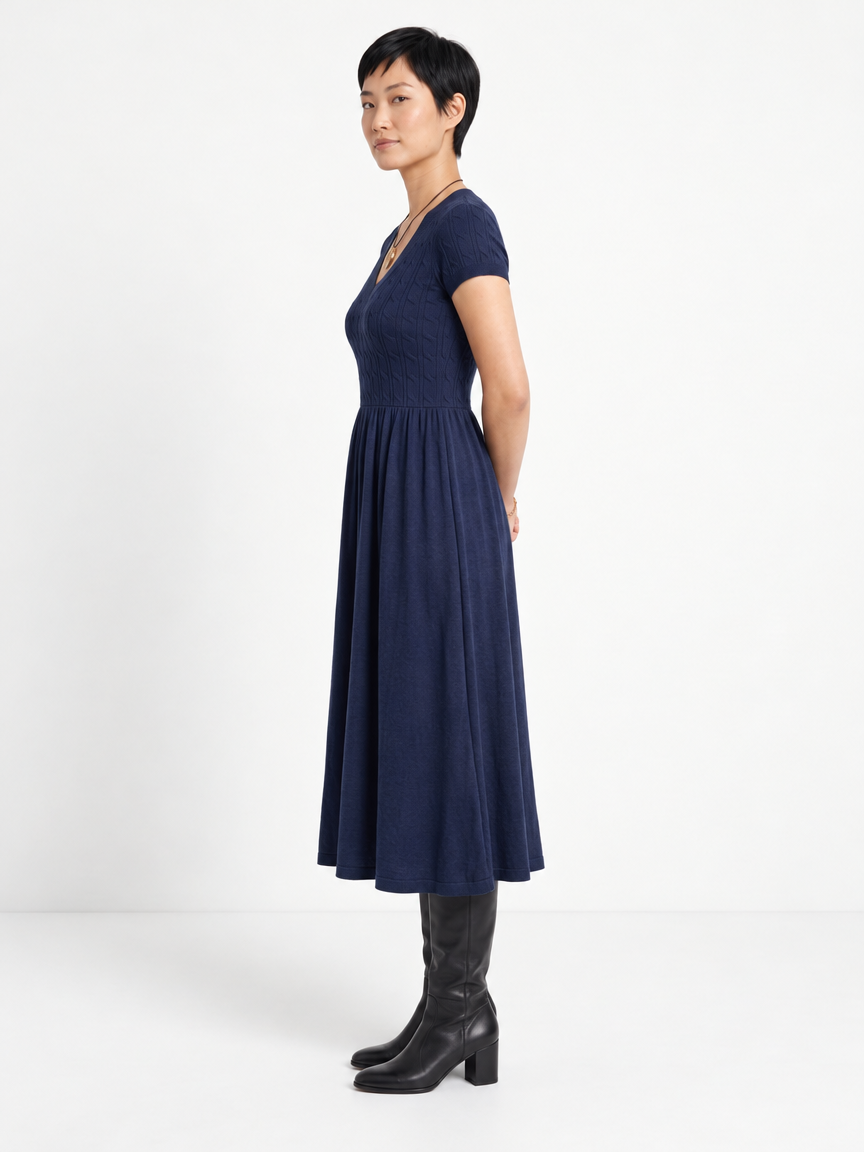Soft Textured-Knit V-Neck Midi Dress, Navy