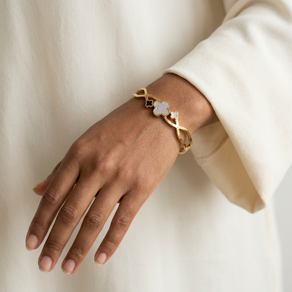 Triple-Clover Openwork Stainless Steel Bangle, Gold Tone