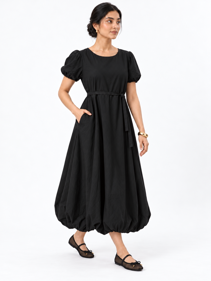 Walking view of The Lamorah black balloon-hem dress with puff sleeves and a narrow sash, styled with black mesh Mary Jane flats and a gold cuff.