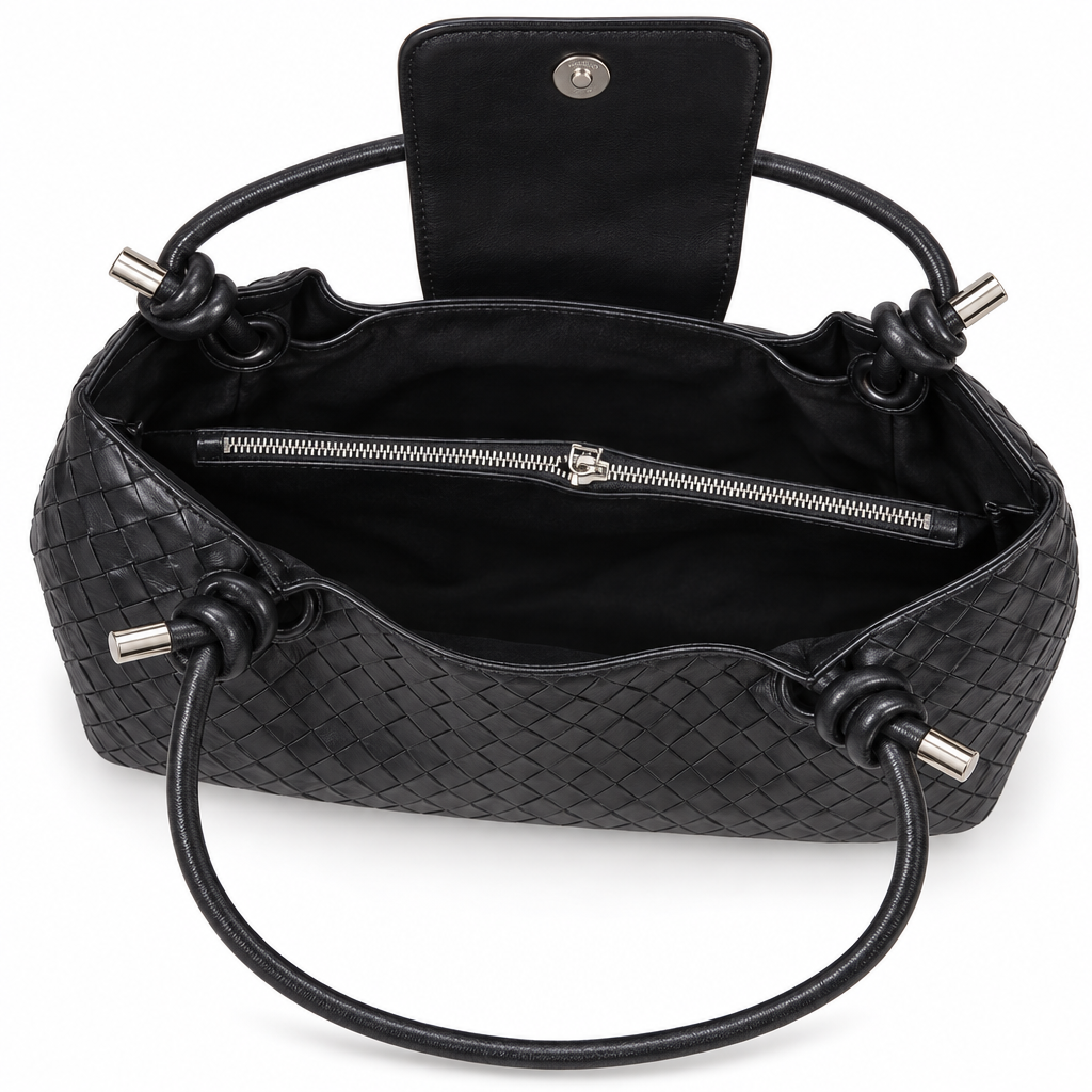 Woven Shoulder Bag with Knotted Handles, Black