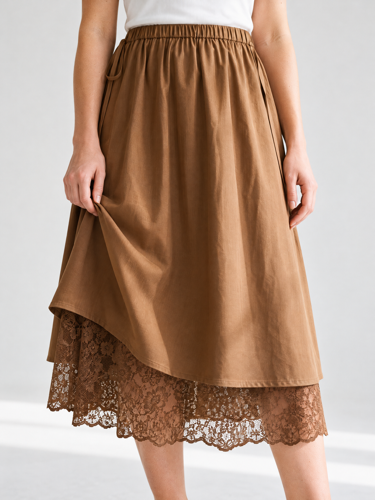 Lace-Layered A-Line Midi Skirt, Brown