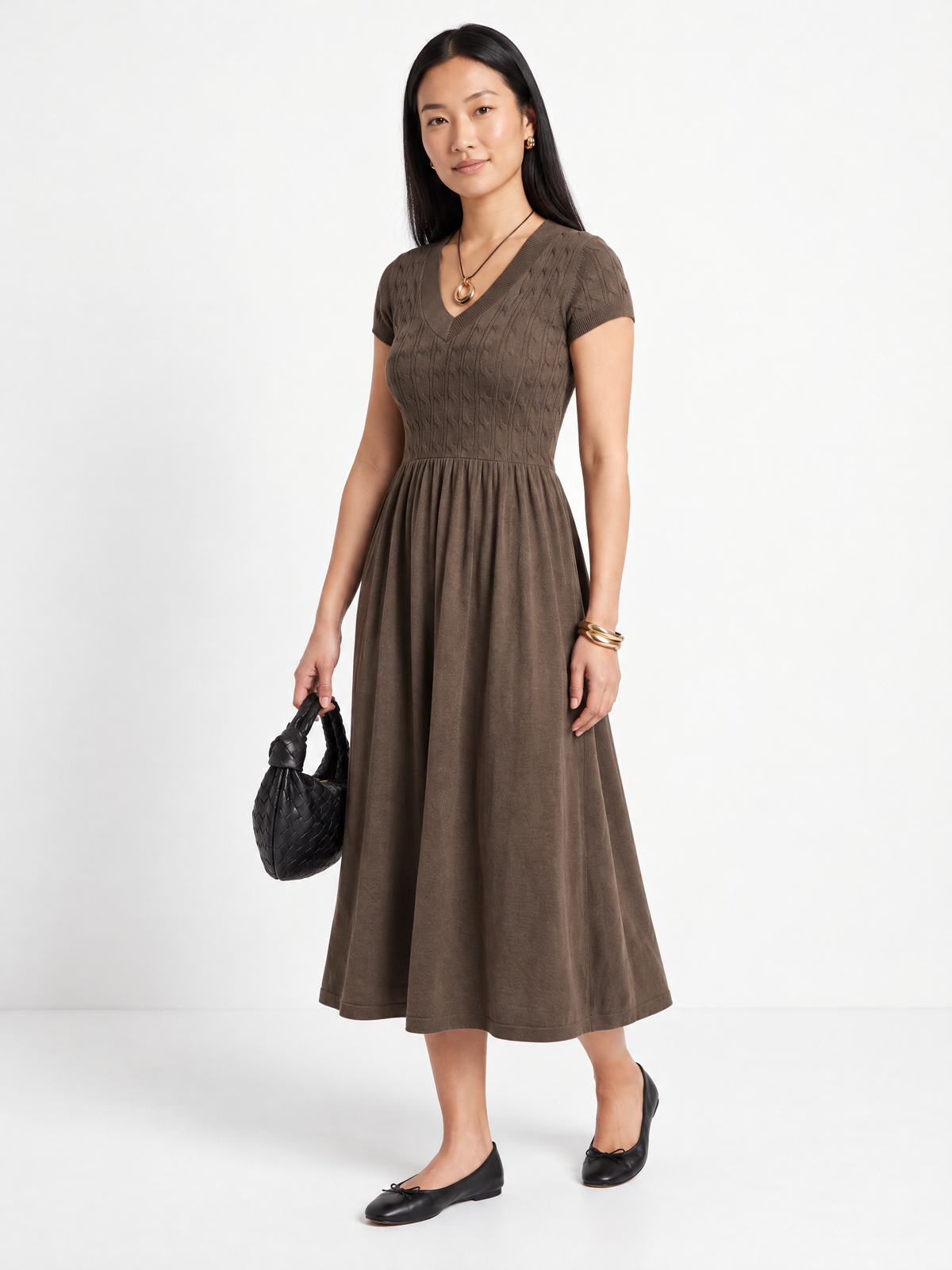 Soft Textured-Knit V-Neck Midi Dress, Brown