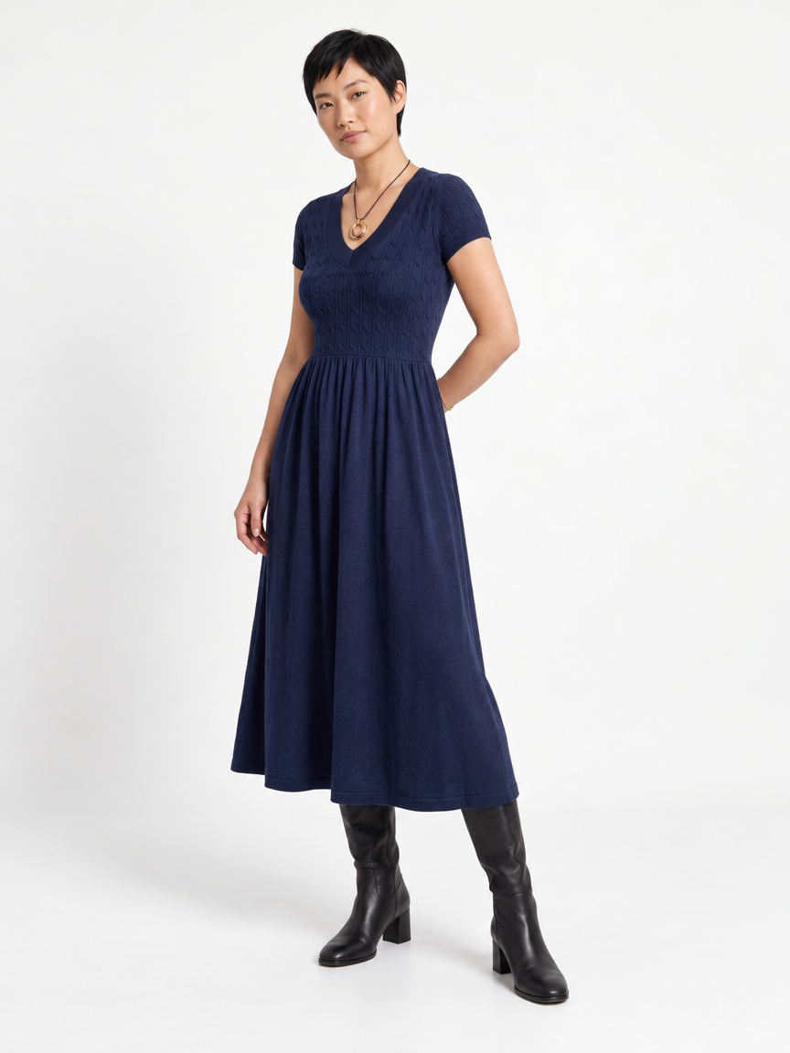 Soft Textured-Knit V-Neck Midi Dress, Navy