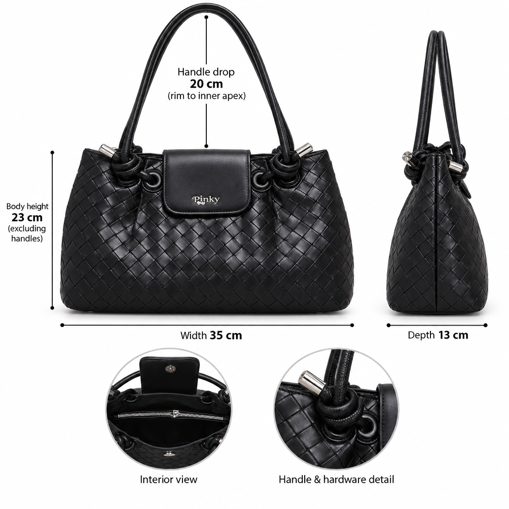 Woven Shoulder Bag with Knotted Handles, Black