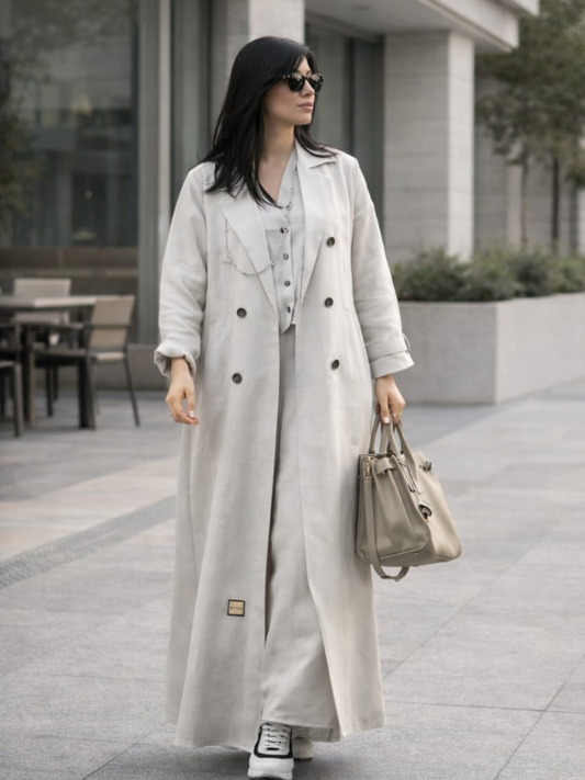 The off-white trench abaya worn open over a matching dress, from The Lamorah Dubai