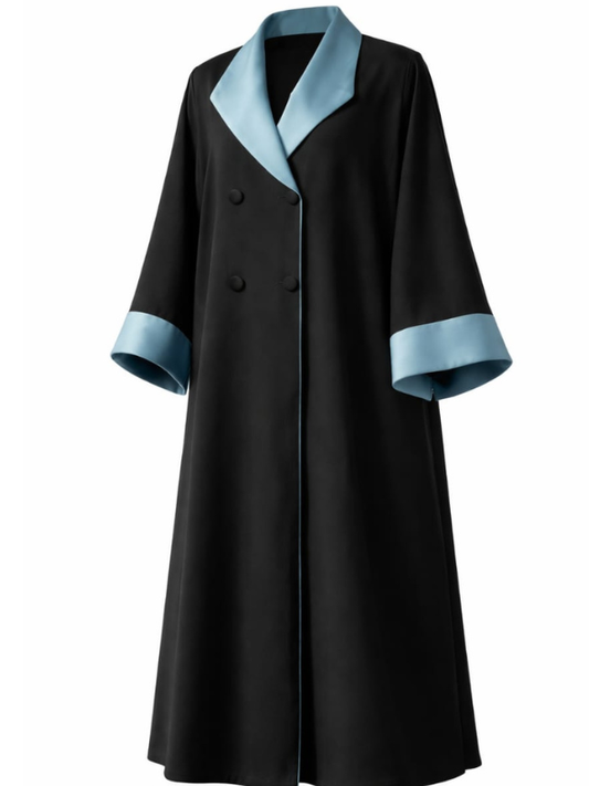 Black coat with light blue trim on a white background |THE LAMORAH