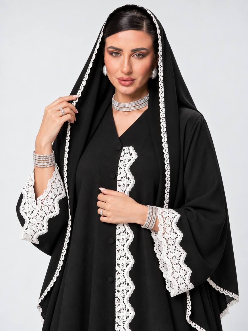 White Dentelle Abaya with Sheila, Black