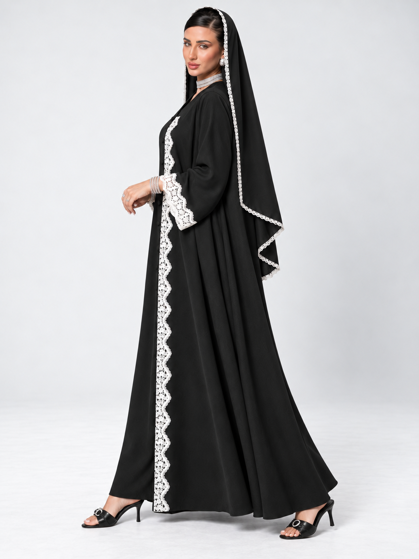 White Dentelle Abaya with Sheila, Black