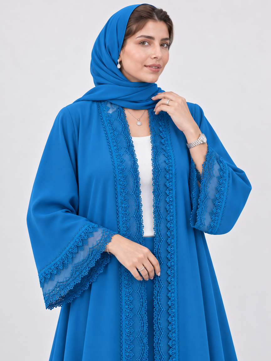 Blue Dentelle Abaya with Sheila, Blue