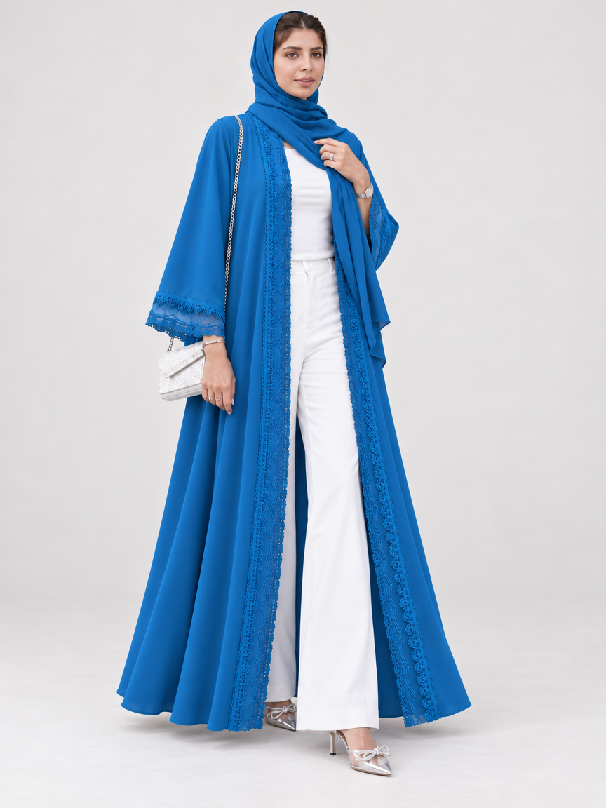 Blue Dentelle Abaya with Sheila, Blue