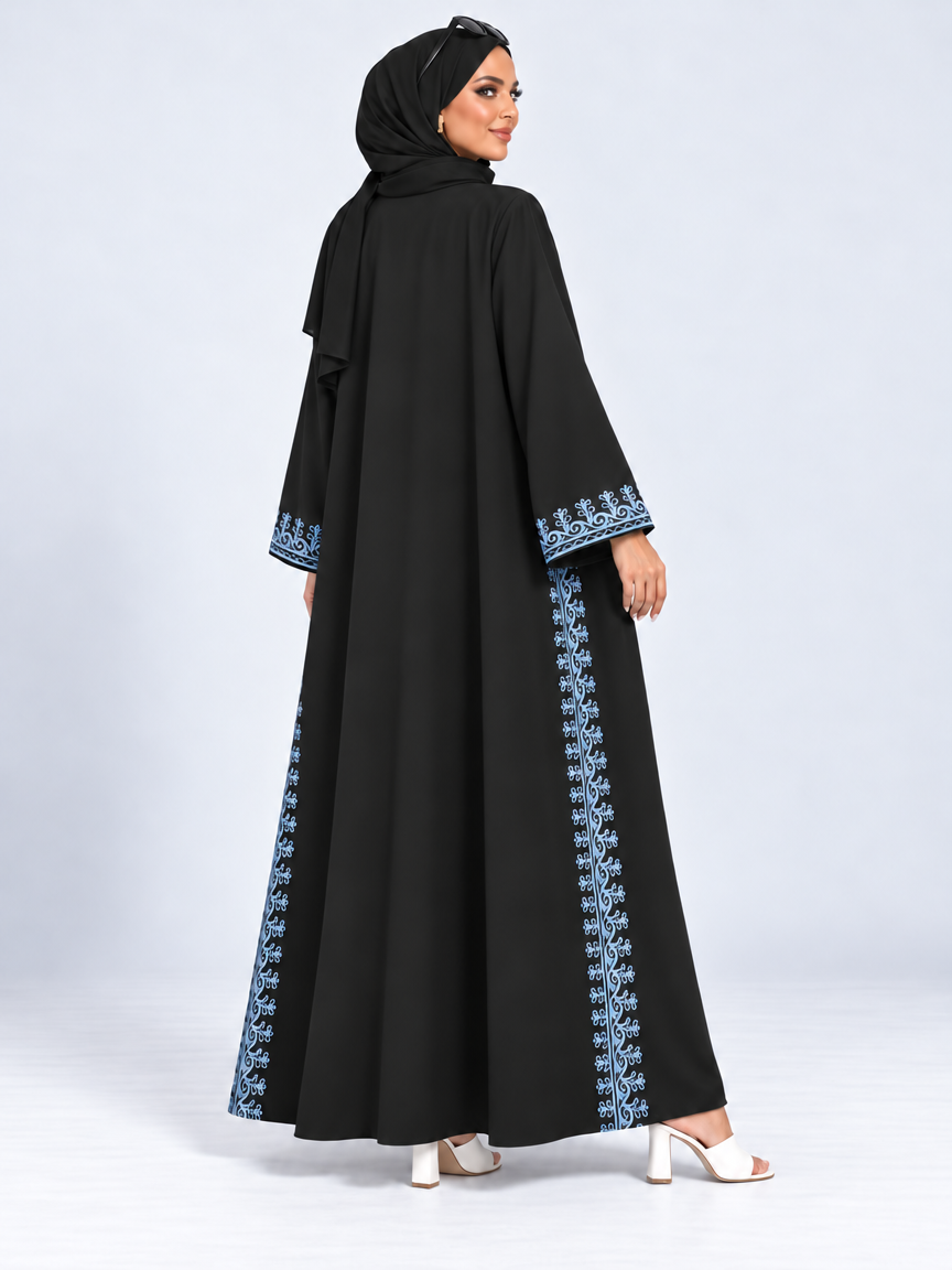 Blue Embroidered Abaya with Sheila — Black