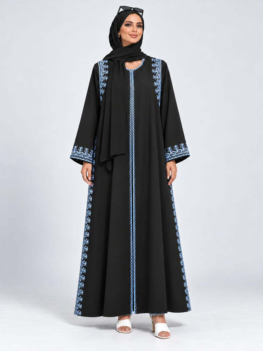 Blue Embroidered Abaya with Sheila — Black