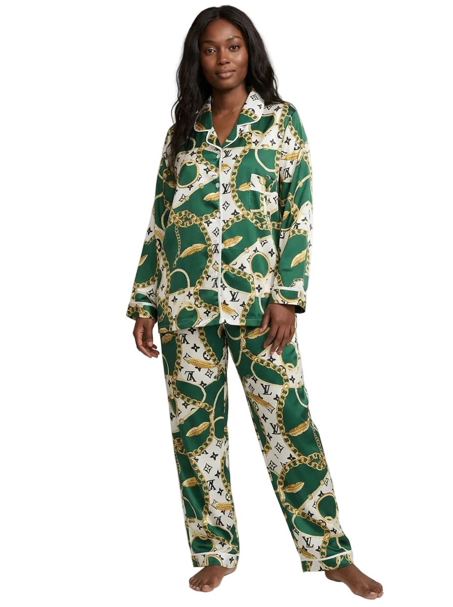 Chain-Print Relaxed Pajama Set, Green