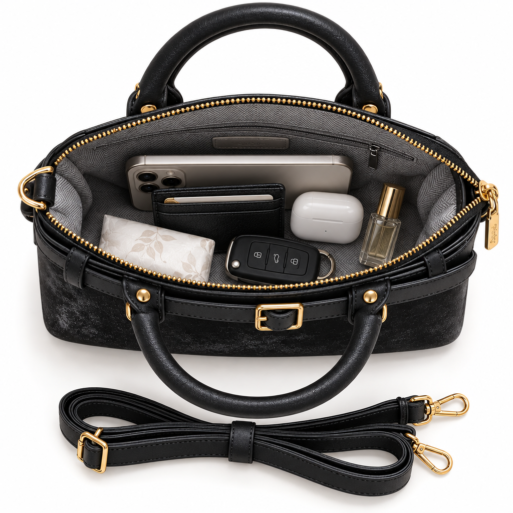 Buckle-Detail Top-Handle Bag, Black