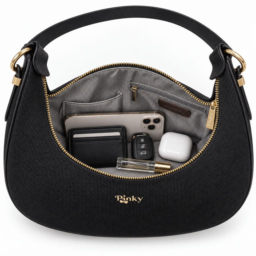 Woven Shoulder Bag with Gold Hardware, Black
