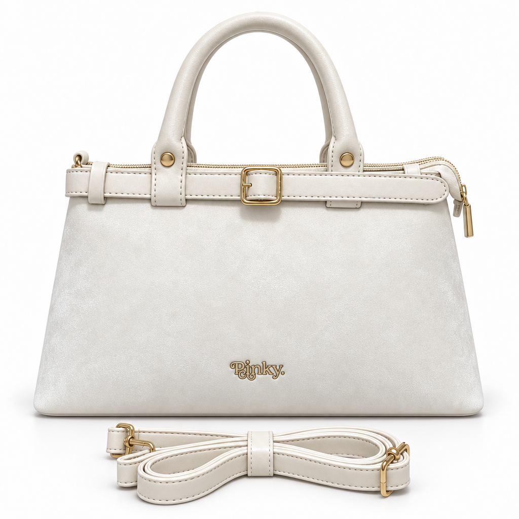 Buckle-Detail Top-Handle Bag, Ivory