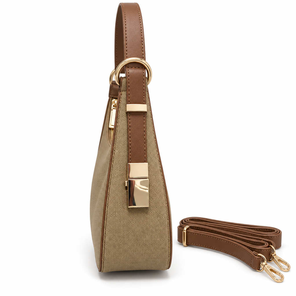 Woven Shoulder Bag with Brown Trim, Tan