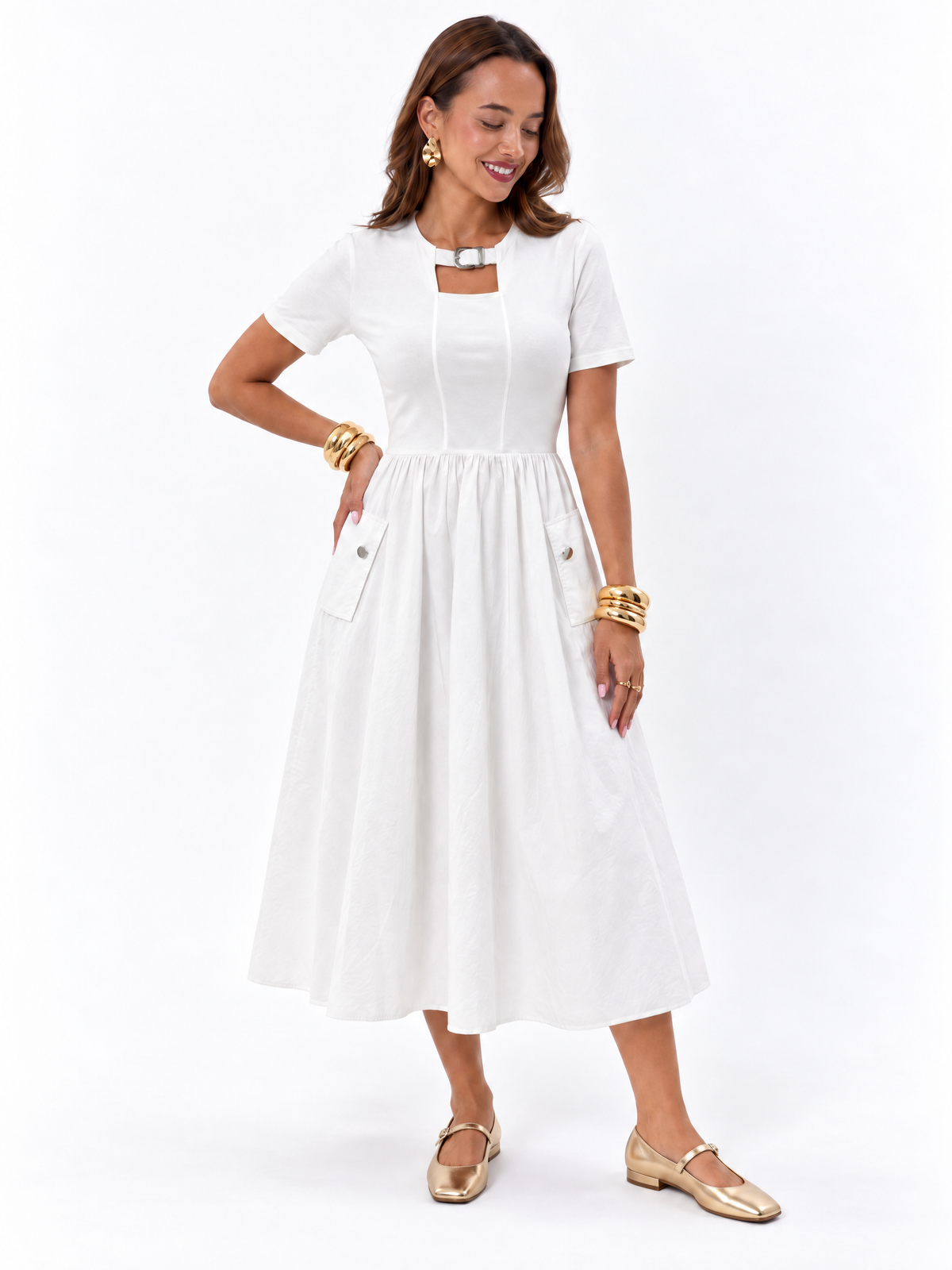 Buckle-Neck Gathered Long Dress — White