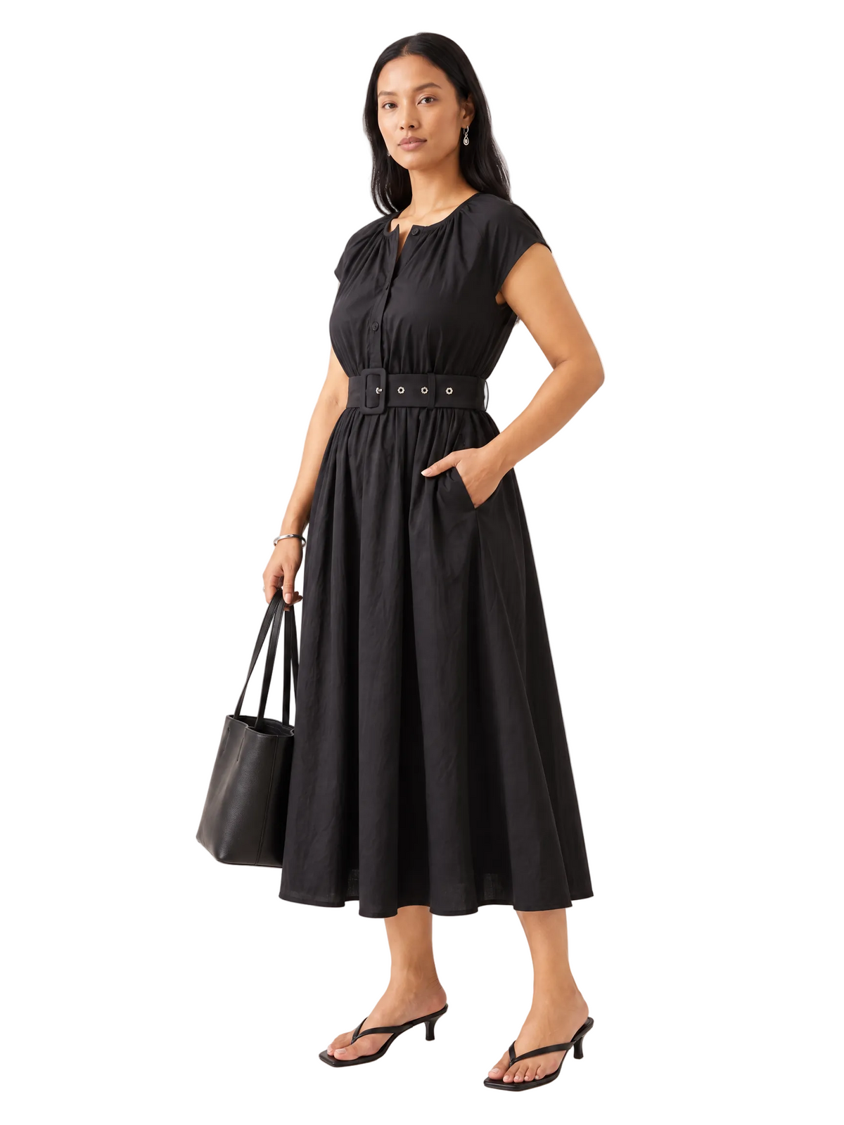 Belted Gathered Midi Dress, Black