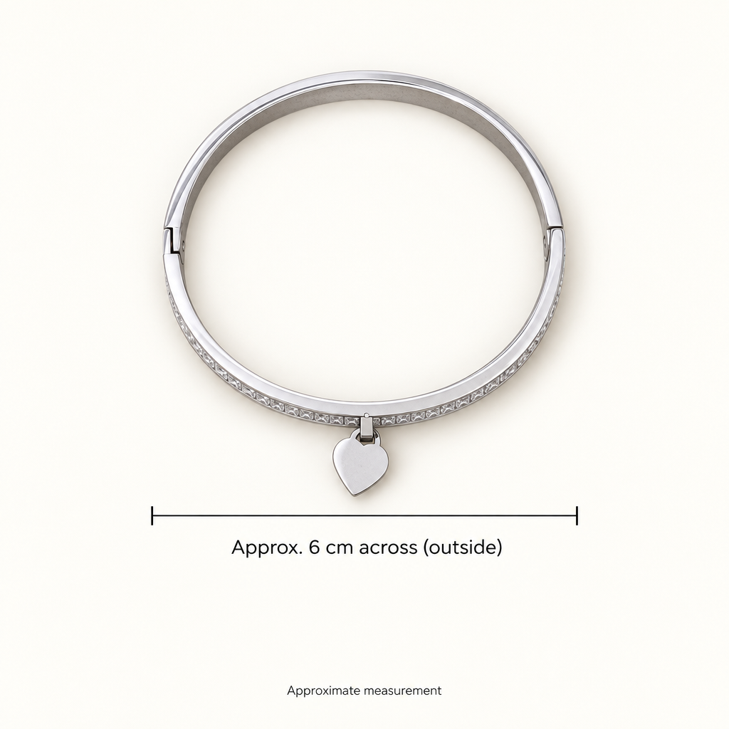 Heart-Charm Stainless Steel Bangle, Silver