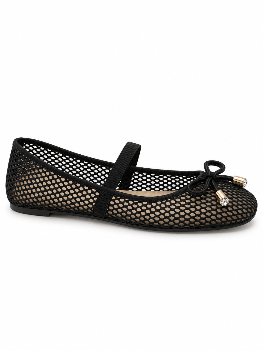 Mesh Bow Mary Jane Ballet Flats — Black
