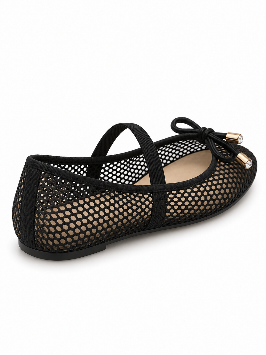 Mesh Bow Mary Jane Ballet Flats — Black