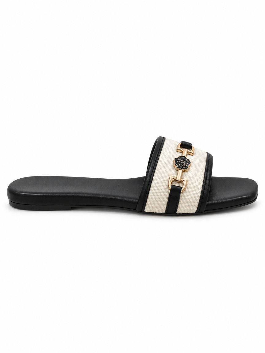 Flower-Detail Woven Slide Sandals — Ivory & Black