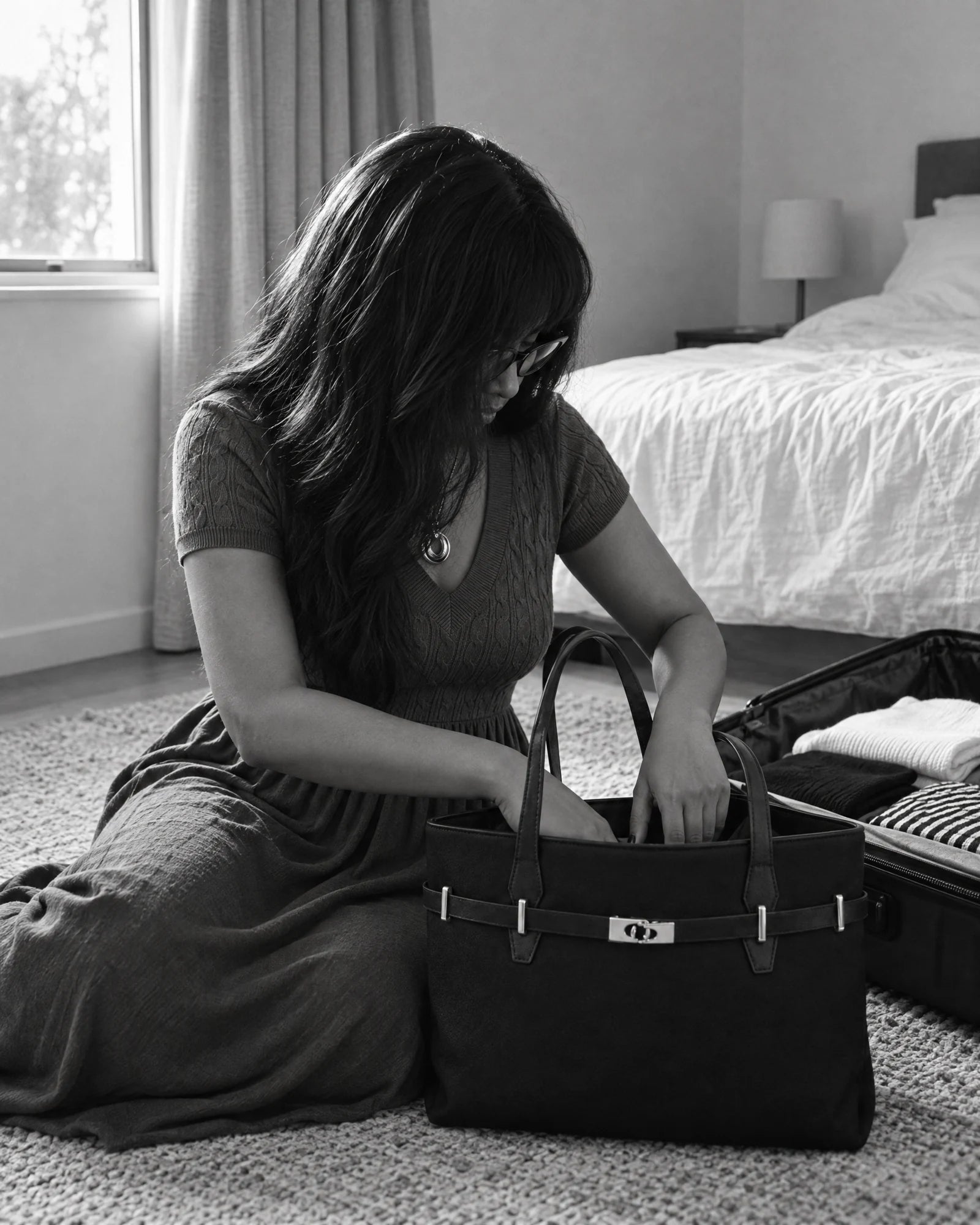 The founder of THE LAMORAH packing in her bedroom with her black tote, photographed in black and white
