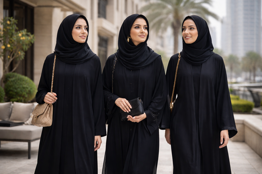 Timeless black abaya worn by a woman in Dubai representing elegant black abaya style in the UAE