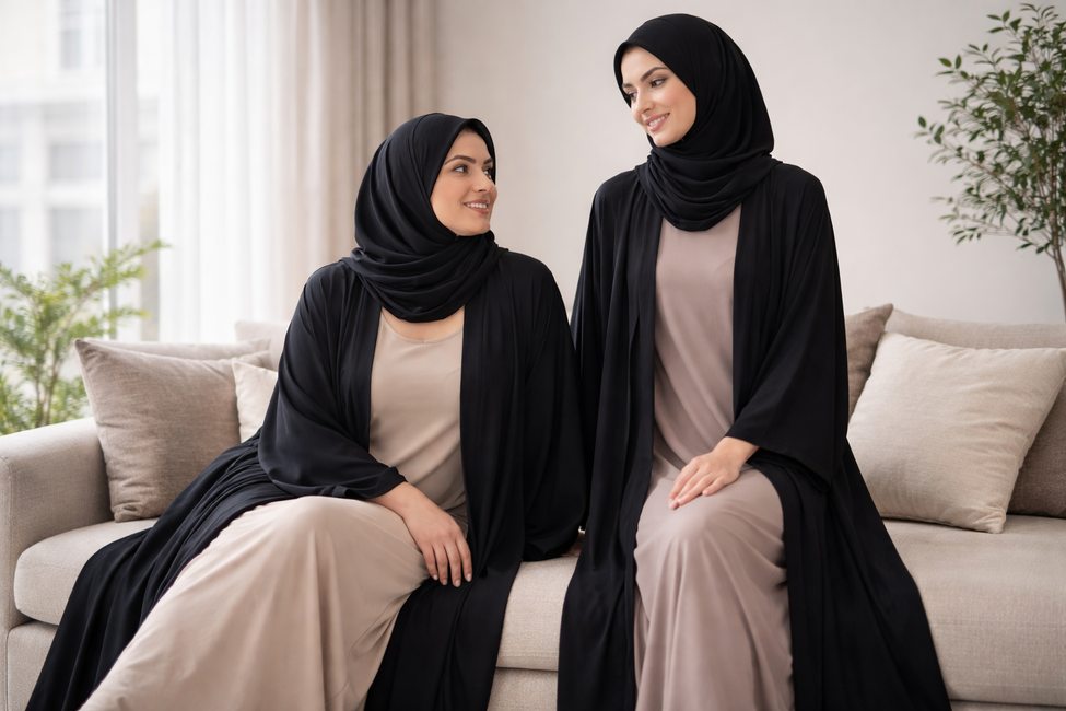 Women wearing open abayas with comfortable underdresses underneath showing layering for everyday wear