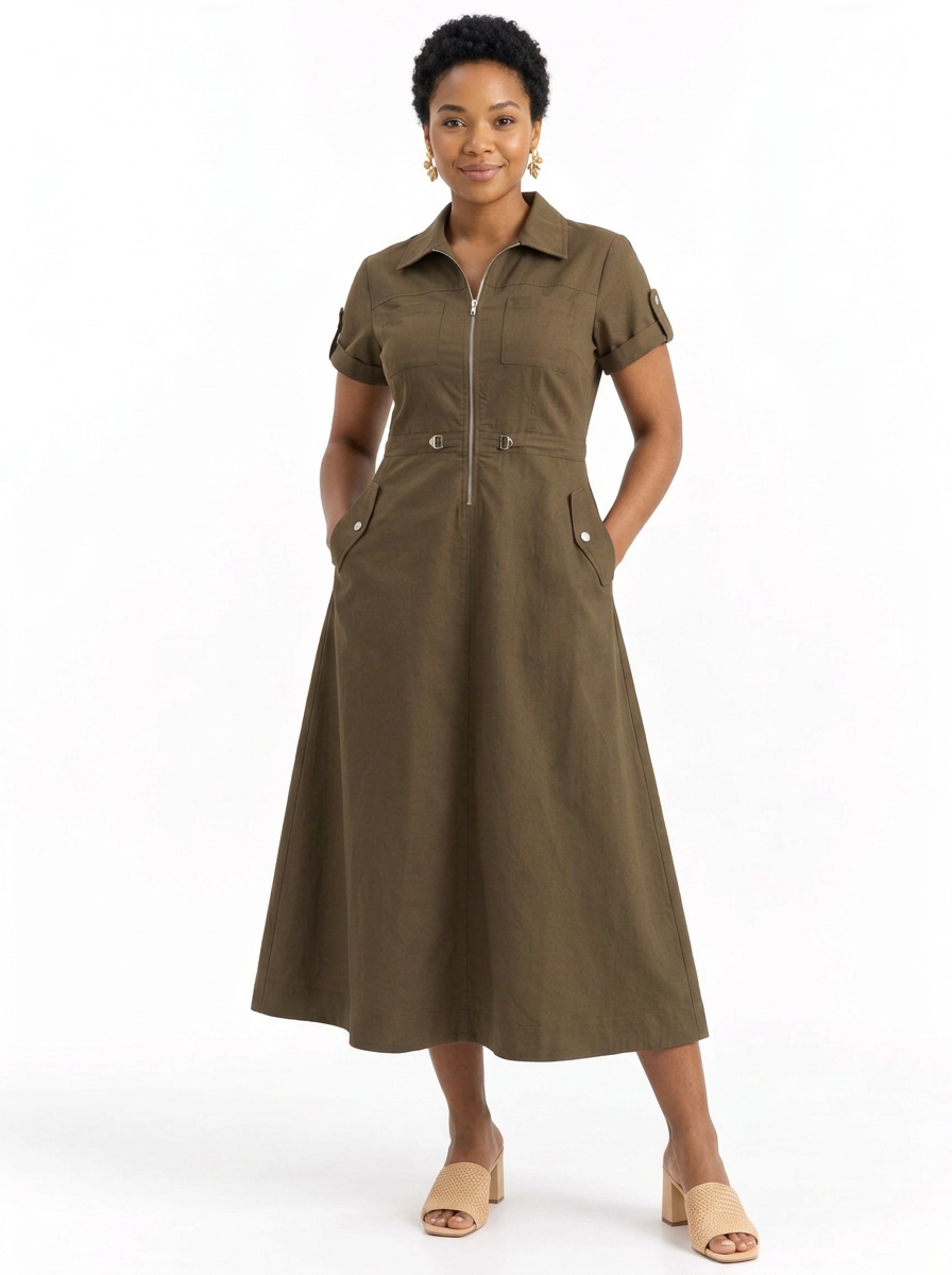 Zip-Front Utility Midi Dress — Brown