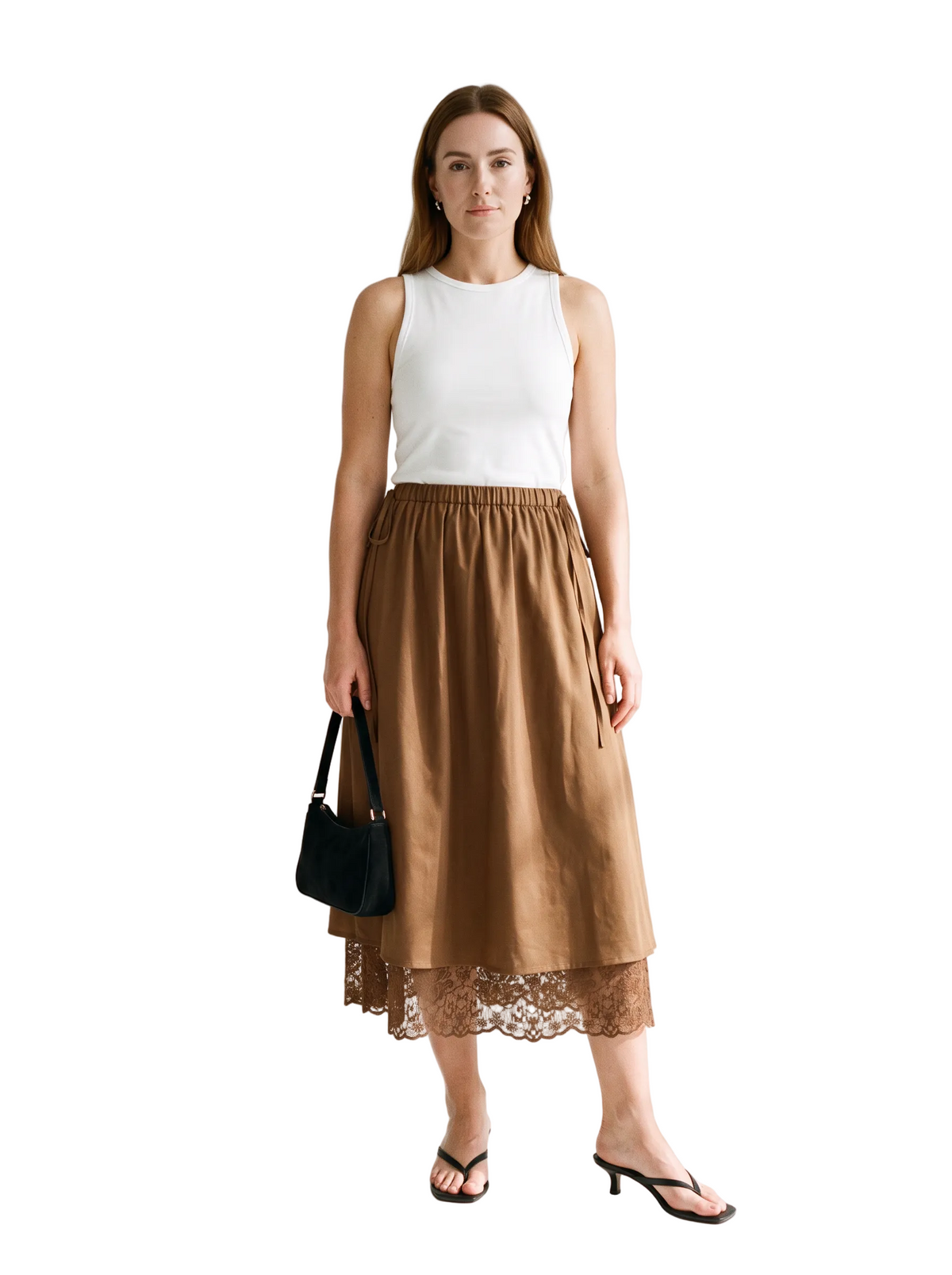 Lace-Layered A-Line Midi Skirt, Brown