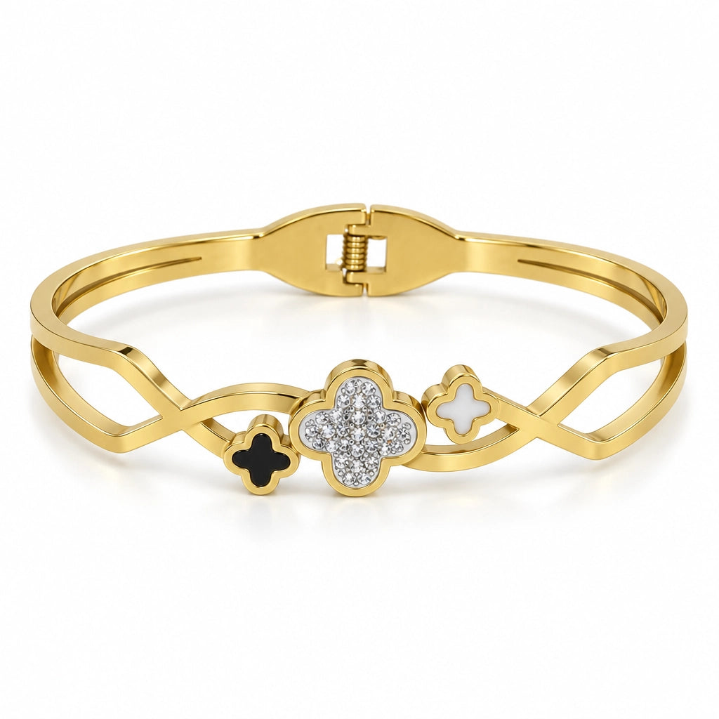 Triple-Clover Openwork Stainless Steel Bangle, Gold Tone