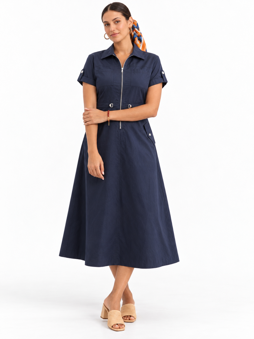 Zip-Front Utility Midi Dress — Navy