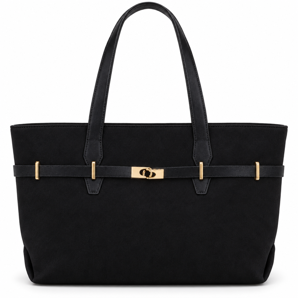 Gold-Clasp Belted Tote, Black