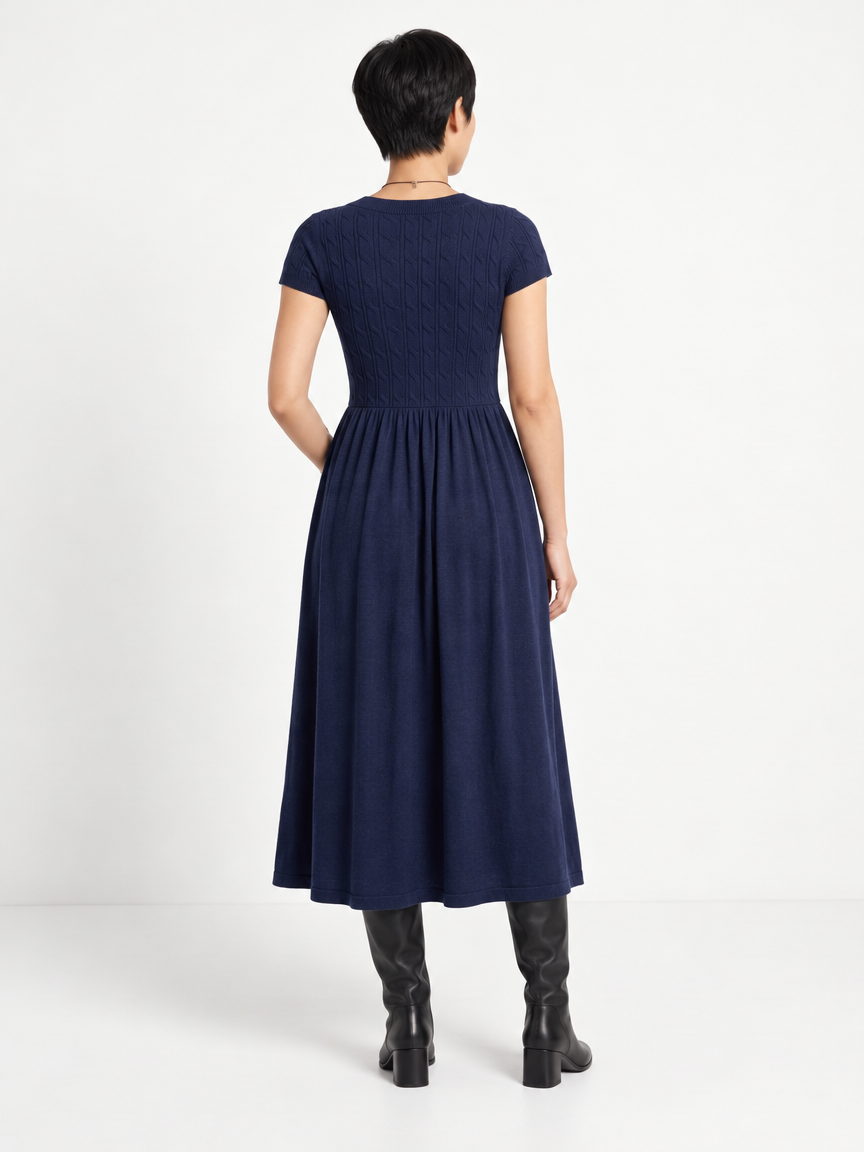 Soft Textured-Knit V-Neck Midi Dress, Navy