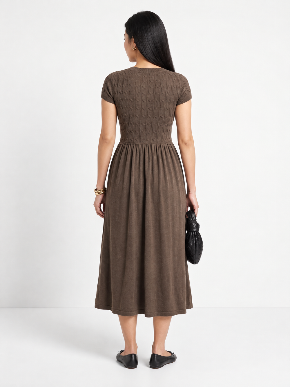 Soft Textured-Knit V-Neck Midi Dress, Brown