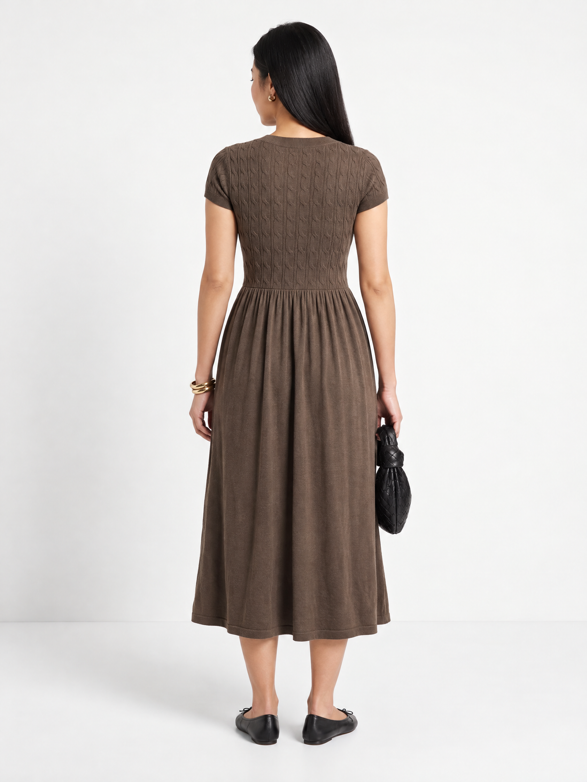 Soft Textured-Knit V-Neck Midi Dress, Brown